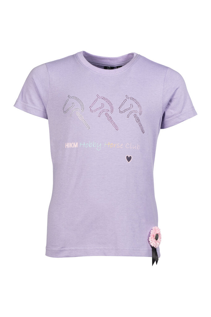Helles lavendelfarbenes Kinder-Hobby Horsing T-Shirt mit 3D Turnierschleife und Baumwollmaterial in Größe 110/116