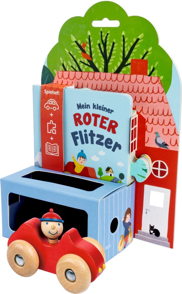 Holzspielzeug kleines rotes Flitzer Auto mit Puzzle-Straße und Pappbilderbuch für Kleinkinder