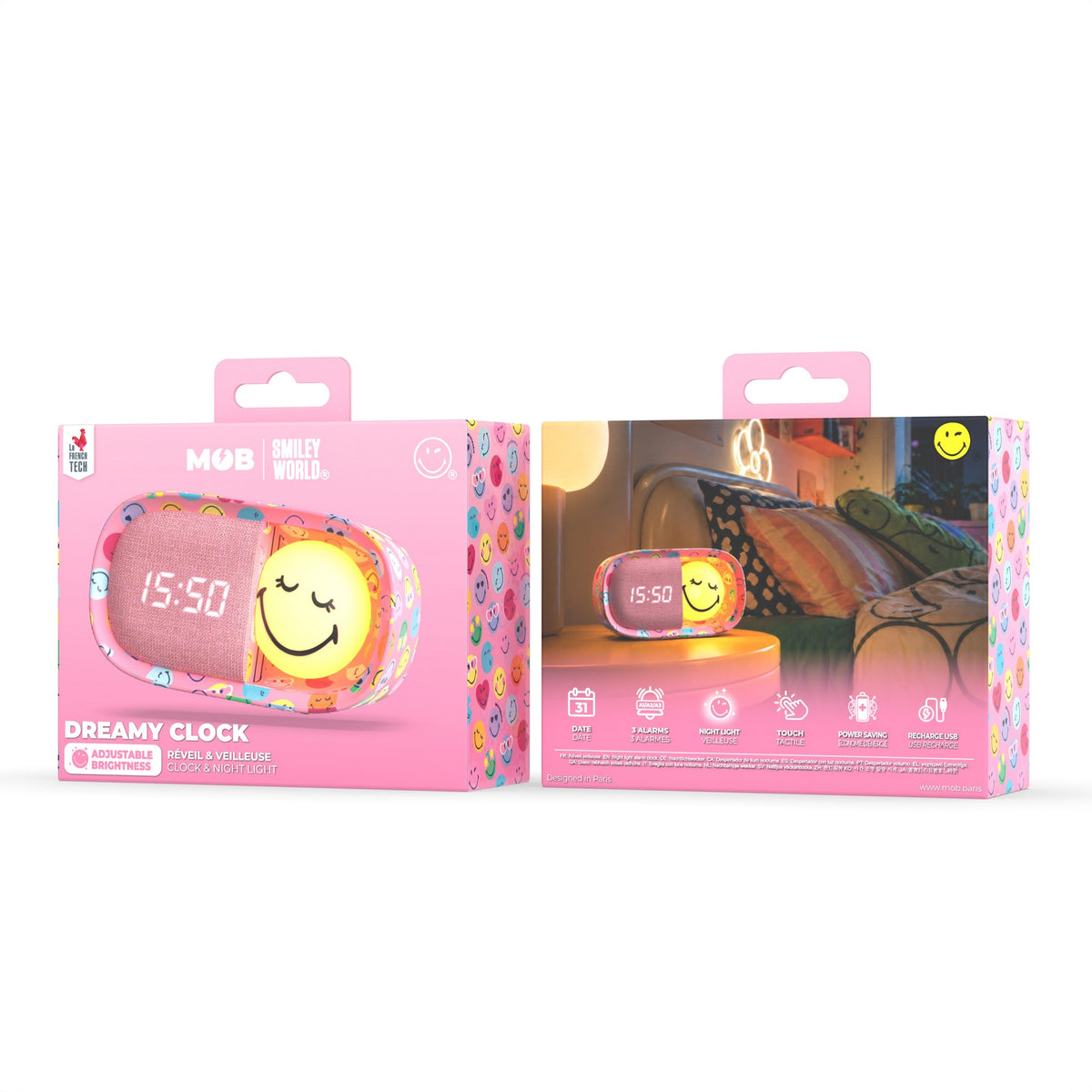 Dreamy Clock Smiley - Wecker und Nachtlicht Rosa
