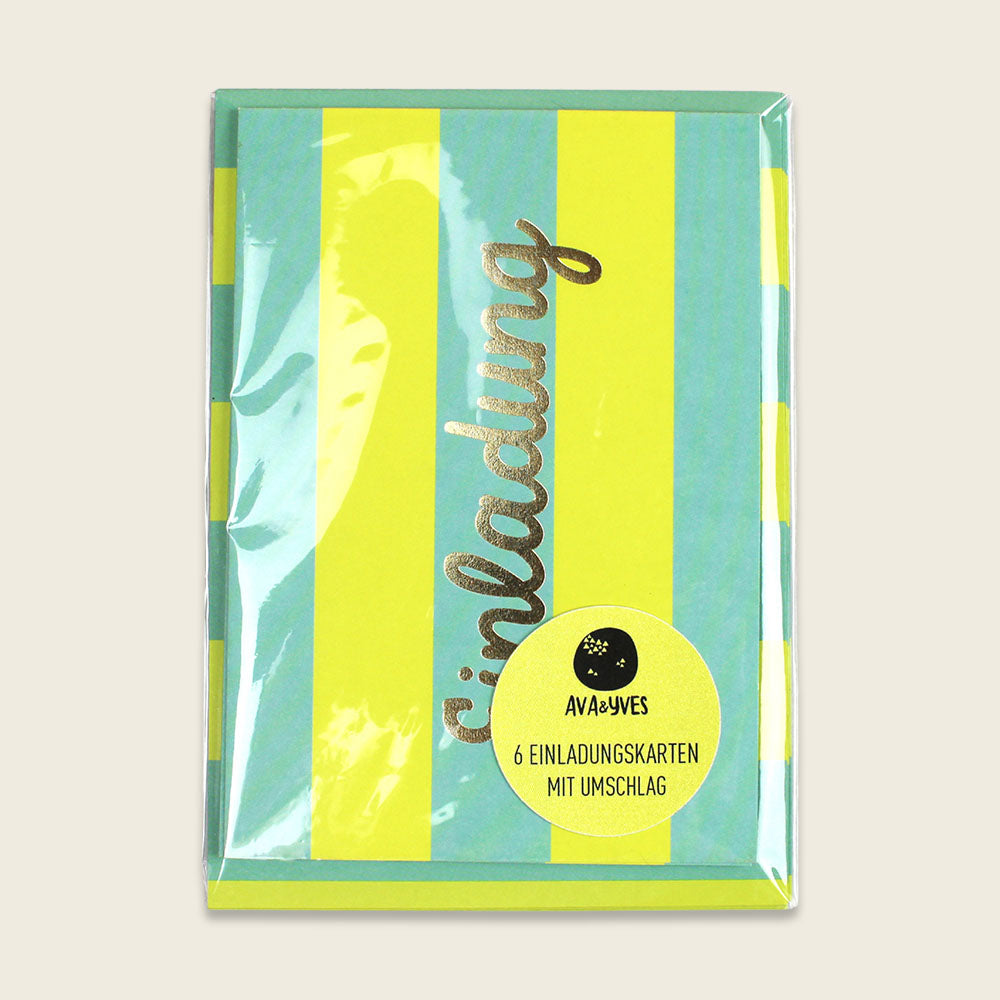 Einladungsset mit Goldfolie Stripes/ mint/gelb