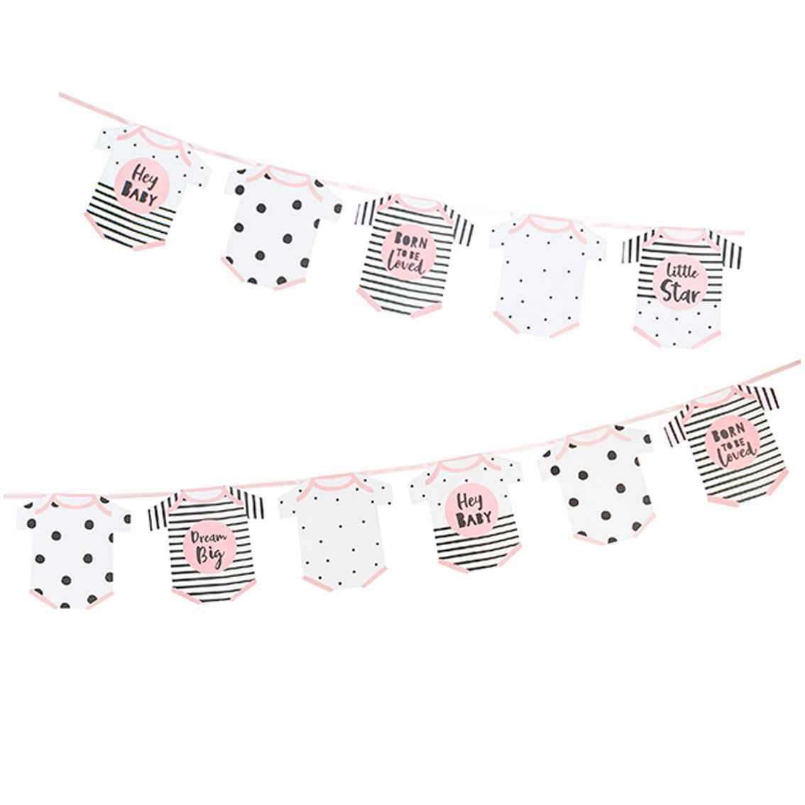 Pinke Strampler Girlande mit 16 rosa besetzten Formen, 3,5m lang, beidseitig verwendbar für Babypartys