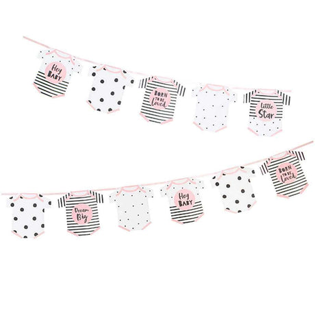 Pinke Strampler Girlande mit 16 rosa besetzten Formen, 3,5m lang, beidseitig verwendbar für Babypartys